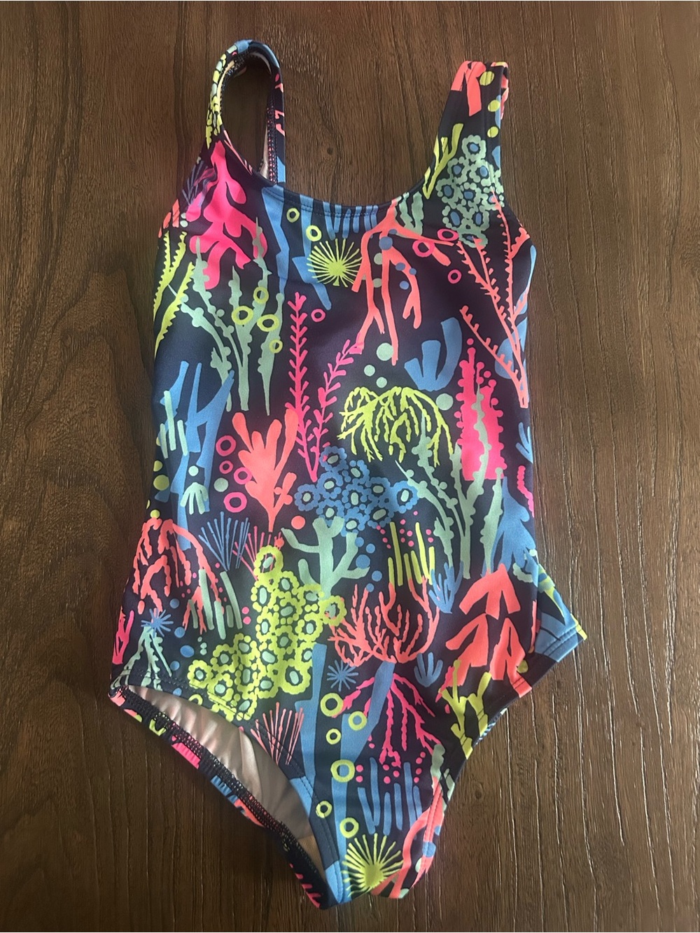 Kids Lands End One-Piece Swimsuit — Neon Coral Reef Print (Multicolor)